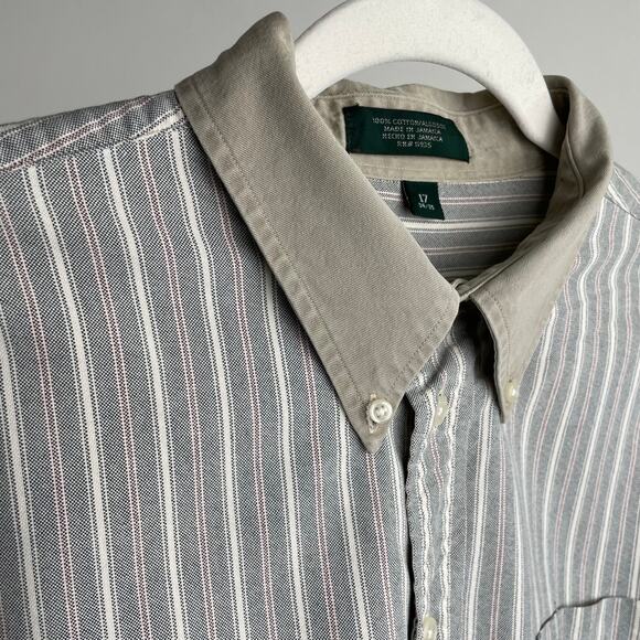 Vintage 90s Mens Striped Button Up Shirt 17 Green Tan Contrast Collar Retro Prep - Picture 5 of 16
